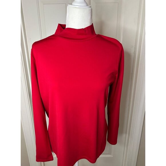 Mock Neck Red Long Sleeve Top With Button Accent On Shoulder Petite Medium Sleek - Picture 5 of 11